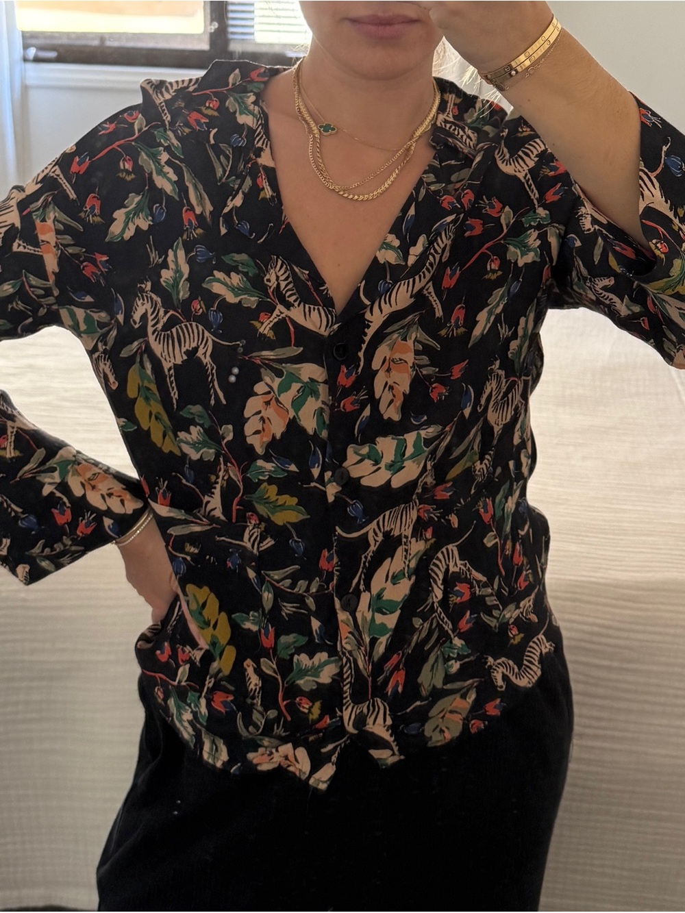 Black Multicolor Floral Zebra Print Button Up Blouse XS